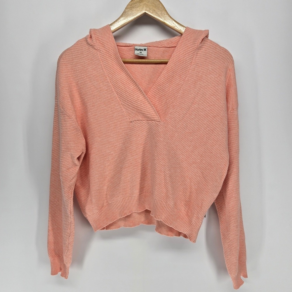 Hurley XS Peach Knit Pullover Hoodie V-Neck Cropped Sweater Long Sleeve Surfwear